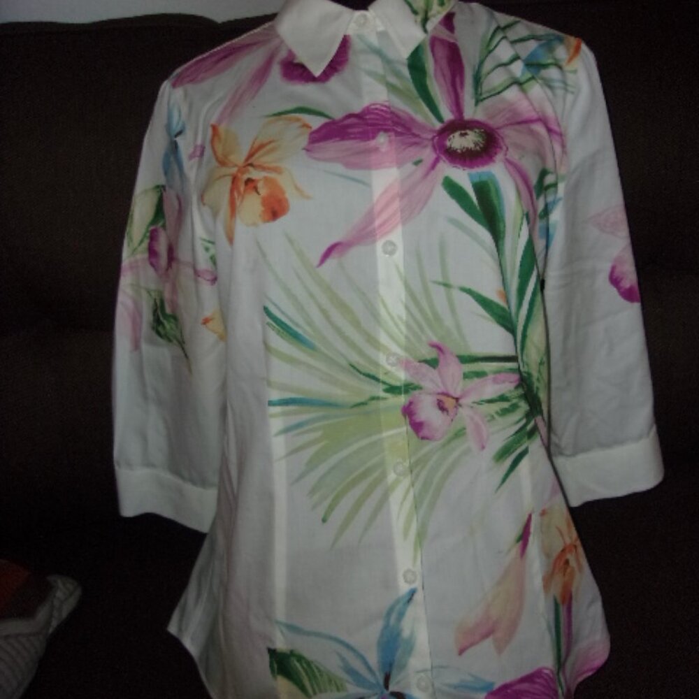 CHICO'S BEIGE FLORAL 3/4 LENGTH SLEEVE COTTON SHIRT 0.5(S)